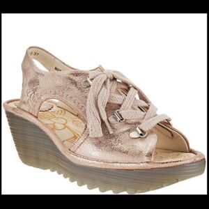 Fly London Ylfa Luna Rose Gold Wedge Sandals Size 38 Brand new with Tags